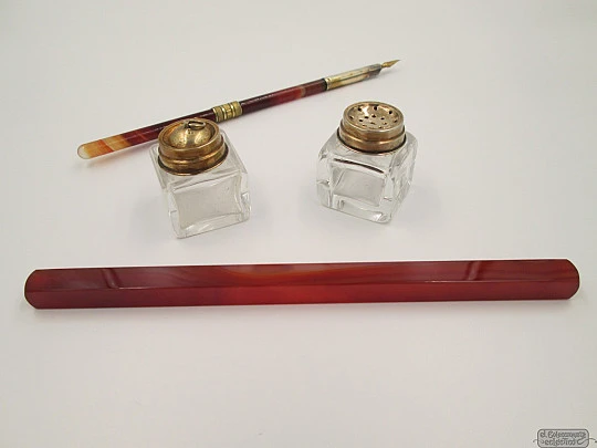 Writing set. Dip pen, rule, inkwell and blotter