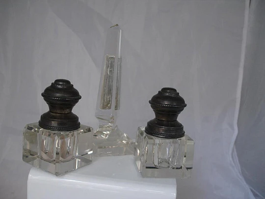 Writing set. Inkwells, tray and support. Metal / Glass. 1940's