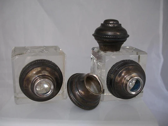 Writing set. Inkwells, tray and support. Metal / Glass. 1940's