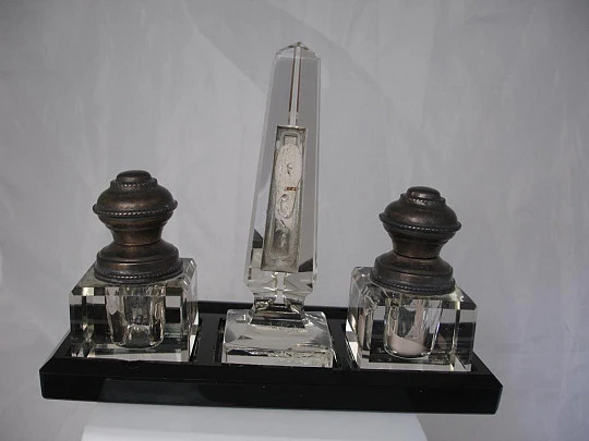 Writing set. Inkwells, tray and support. Metal / Glass. 1940's