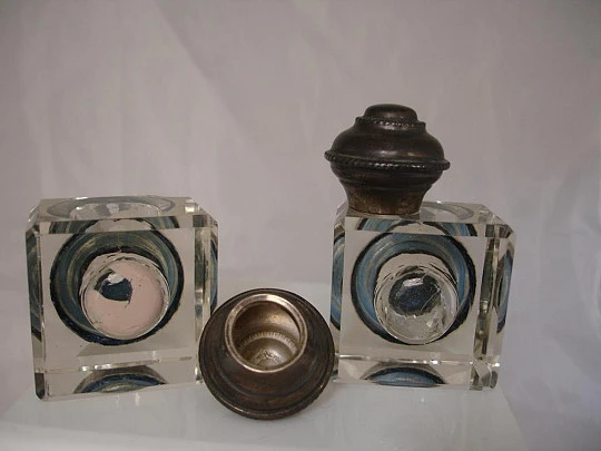 Writing set. Inkwells, tray and support. Metal / Glass. 1940's