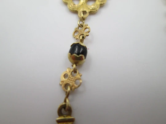 Yellow gold rosary and onyx beads. Openwork rosettes & crown. 1920's