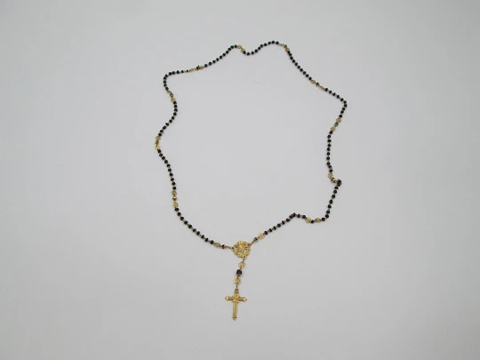 Yellow gold rosary and onyx beads. Openwork rosettes & crown. 1920's