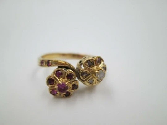 You & Me women's ring. 18 karat yellow gold. Rubies and diamonds. 1960's