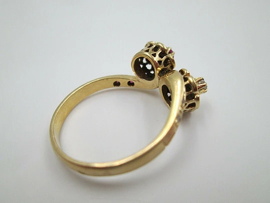 You & Me women's ring. 18 karat yellow gold. Rubies and diamonds. 1960's