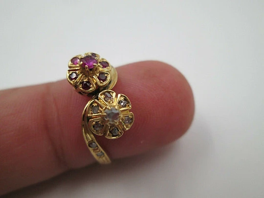 You & Me women's ring. 18 karat yellow gold. Rubies and diamonds. 1960's