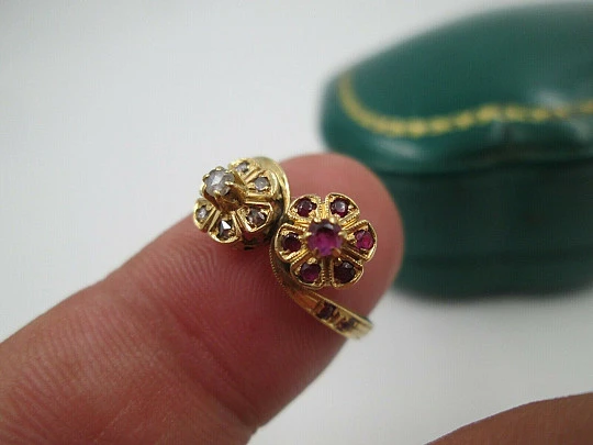 You & Me women's ring. 18 karat yellow gold. Rubies and diamonds. 1960's