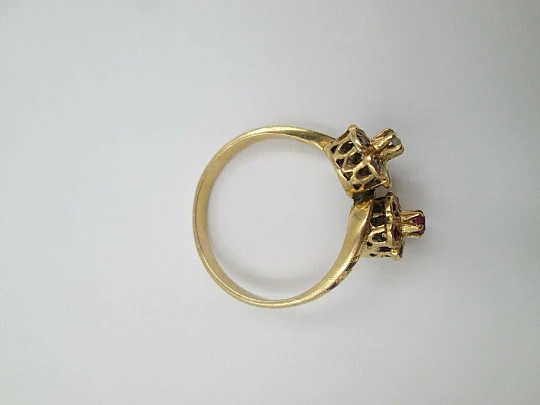 You & Me women's ring. 18 karat yellow gold. Rubies and diamonds. 1960's