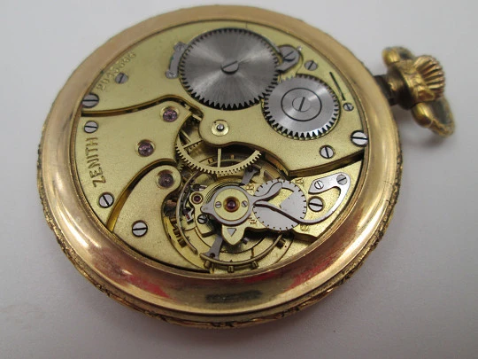 Zenith pocket watch. Rolled gold. Stem-wind. Small seconds hand. Leather box. Swiss. 1930's
