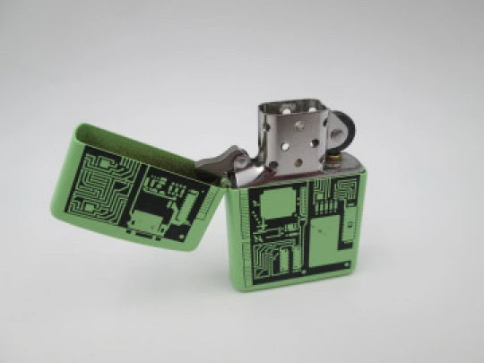 Zippo Circuit Board petrol pocket lighter. Chromed metal and green enamel. 2009. USA