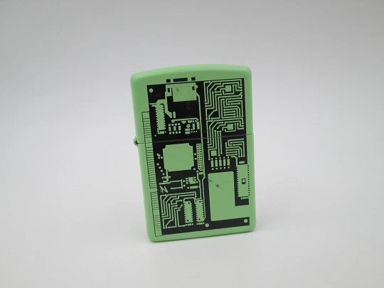 Zippo Circuit Board petrol pocket lighter. Chromed metal and green enamel. 2009. USA
