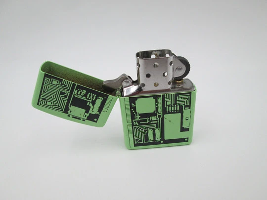 Zippo Circuit Board petrol pocket lighter. Chromed metal and green enamel. 2009. USA