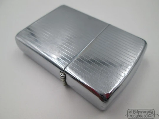 Zippo Classic. Striped design. 1990. Petrol. Silver plated brass