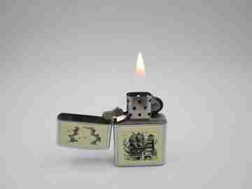 Zippo Scrimshaw. Cromo pulido y acrílico blanco. Diseño faro y galeón. 1992
