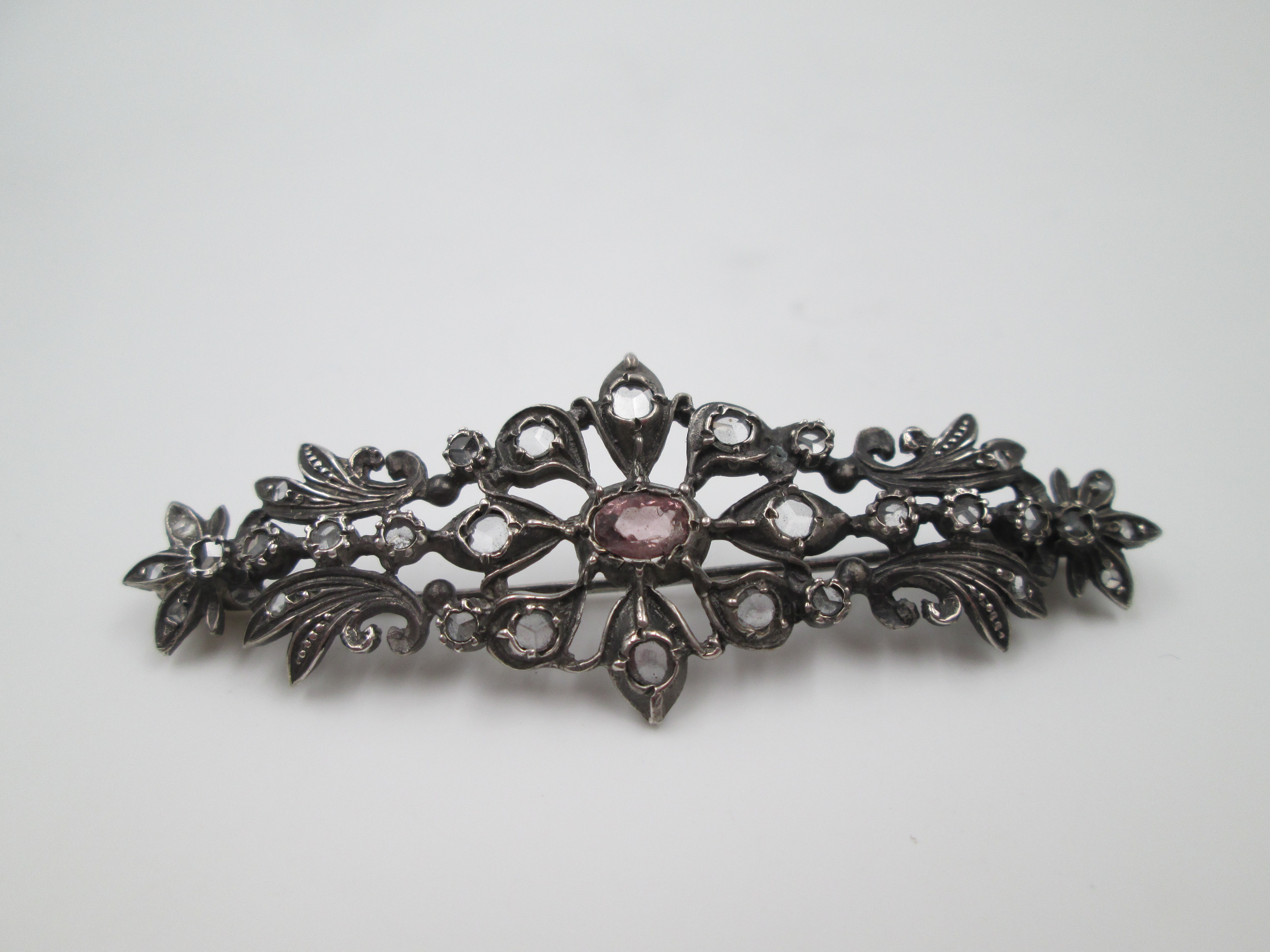 Pretty white metal and markesite rose brooch from 1950