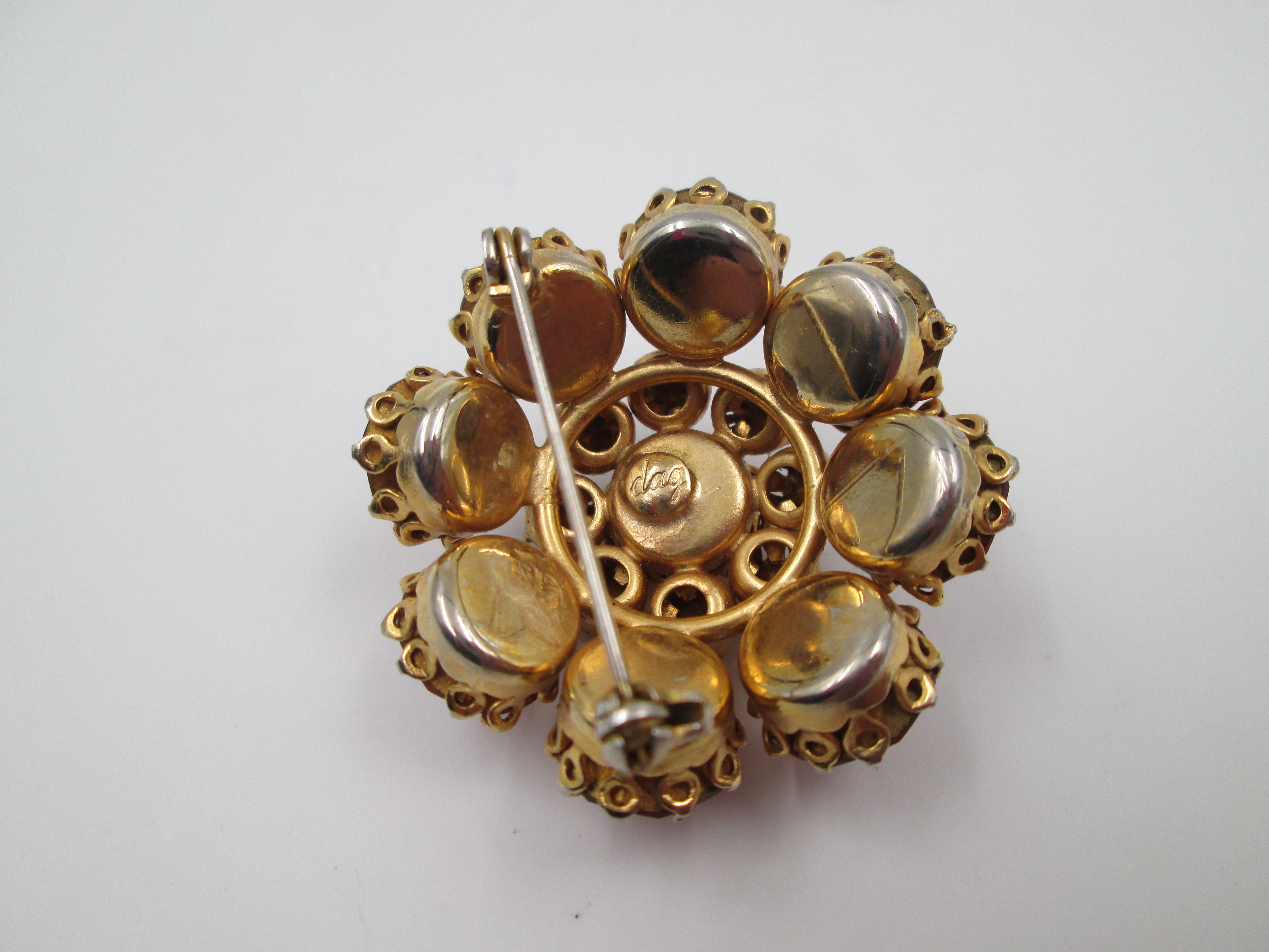 Dag Womens Brooch Gold Plated White And Orange Rhinestones