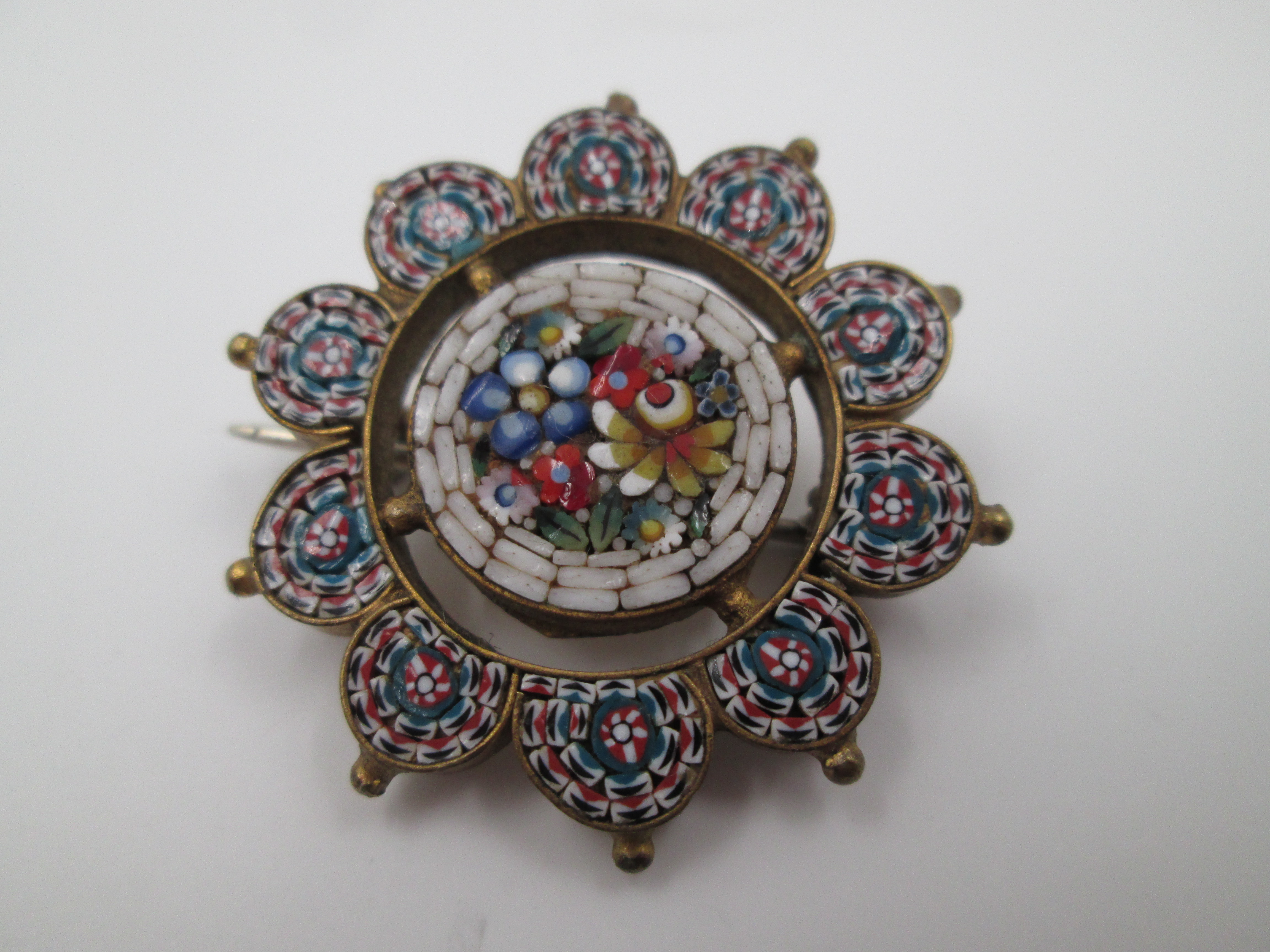 Flowers Micro Mosaic Brooch Gold Plated Colours Stones 1960