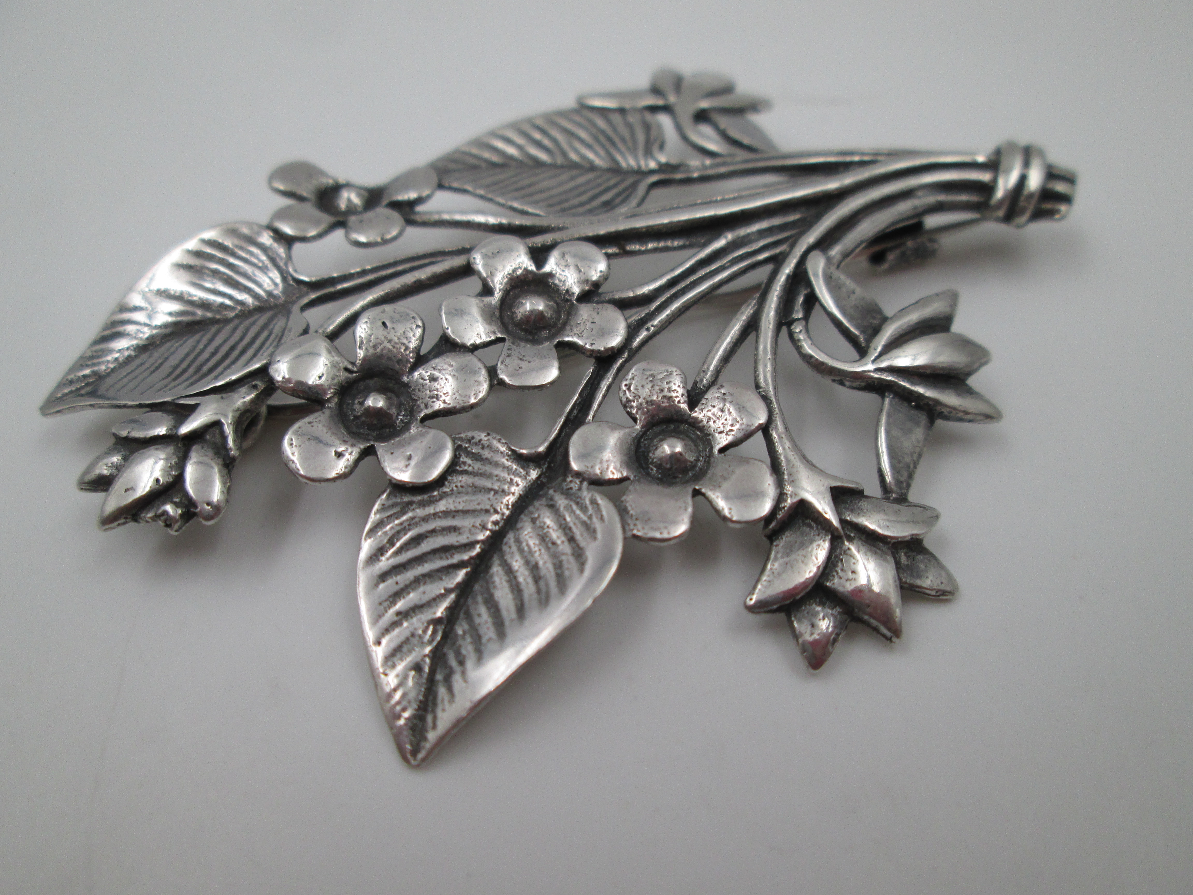 Womens Brooch Sterling Silver Branch With Flowers And Leaves