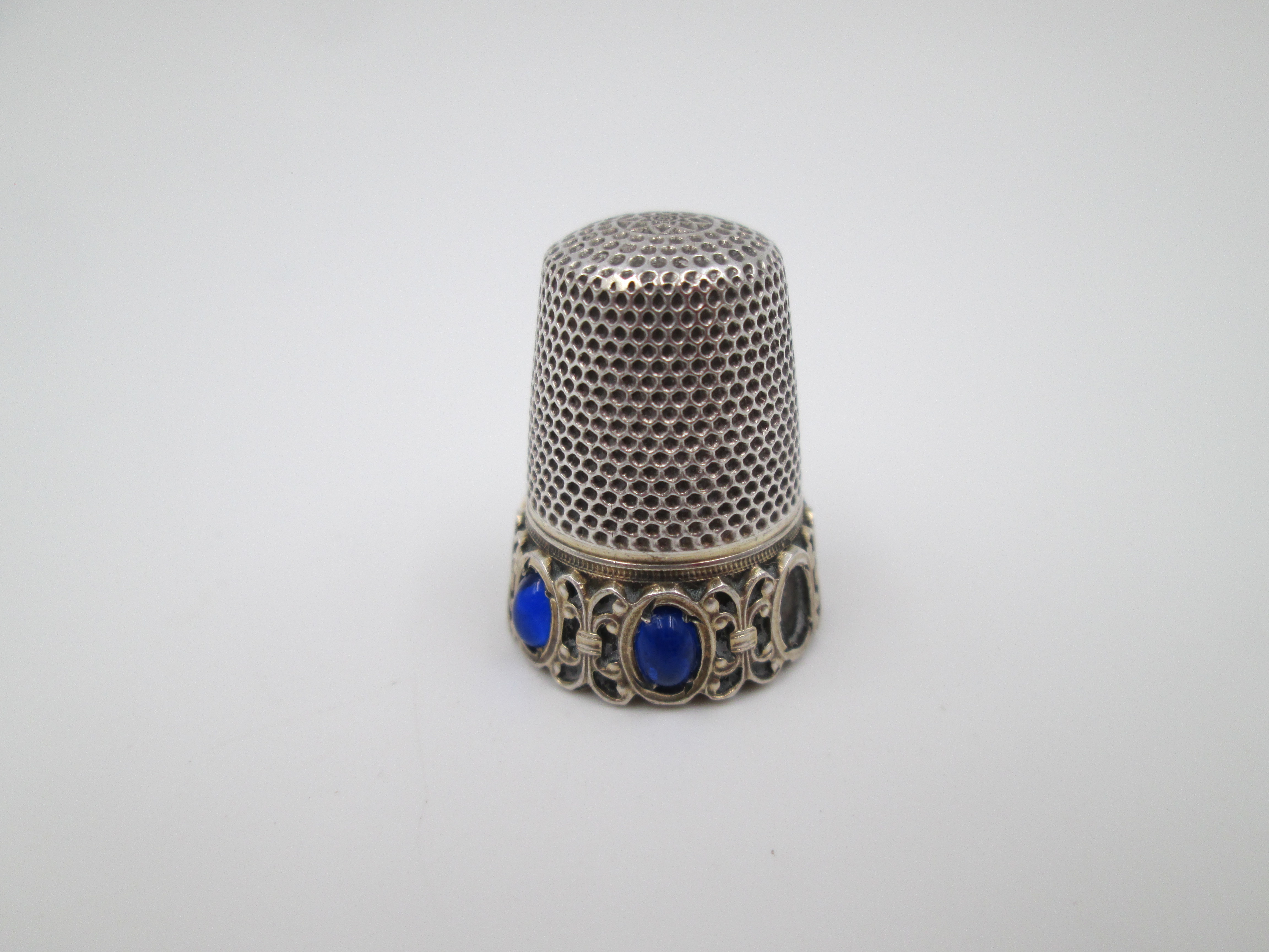 Sewing Thimble Sterling Silver Vermeil Blue Stones