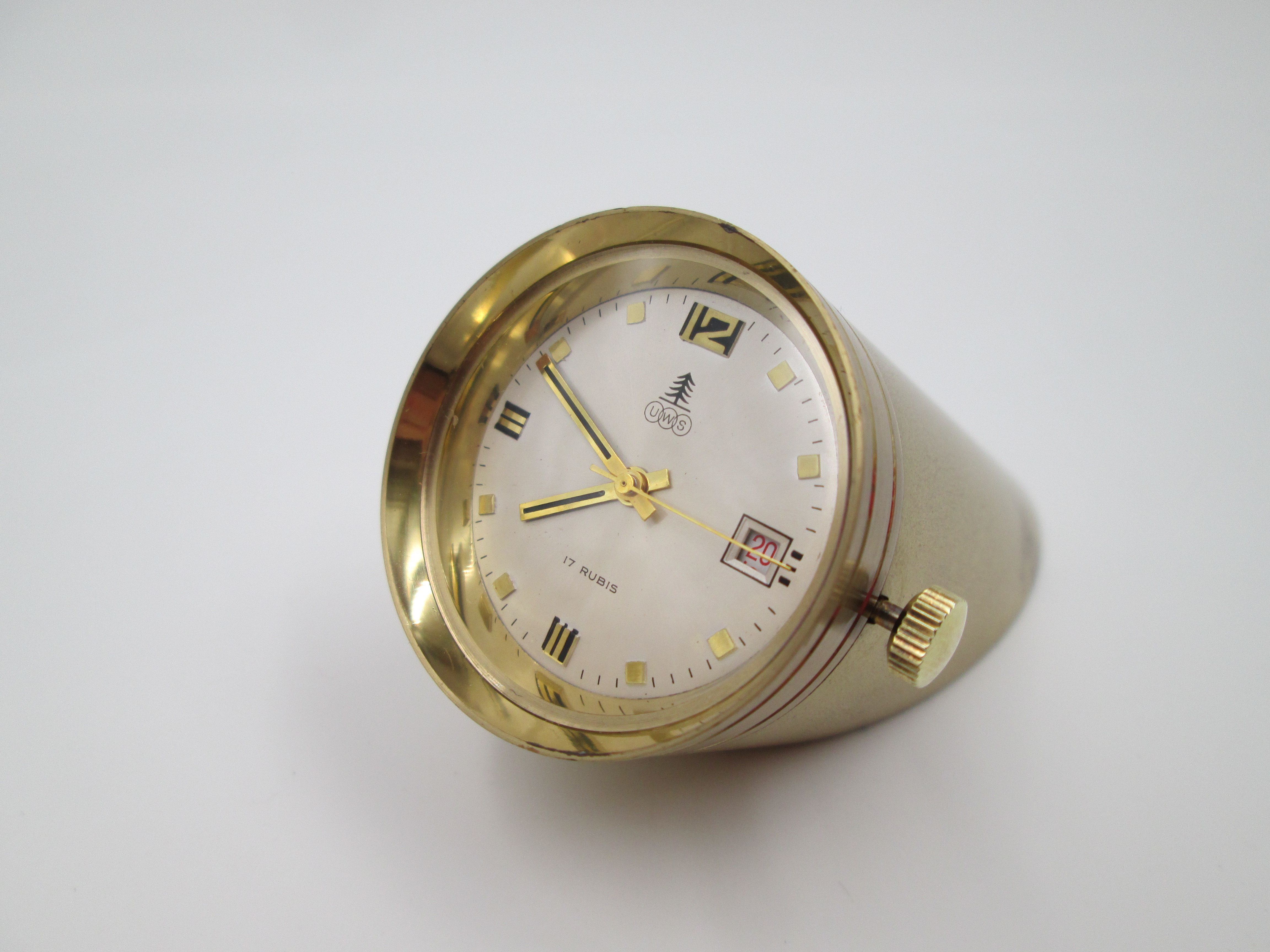 Cena traición Pigmalión reloj cilindrico uws bronce dorado calendario cuerda 1970