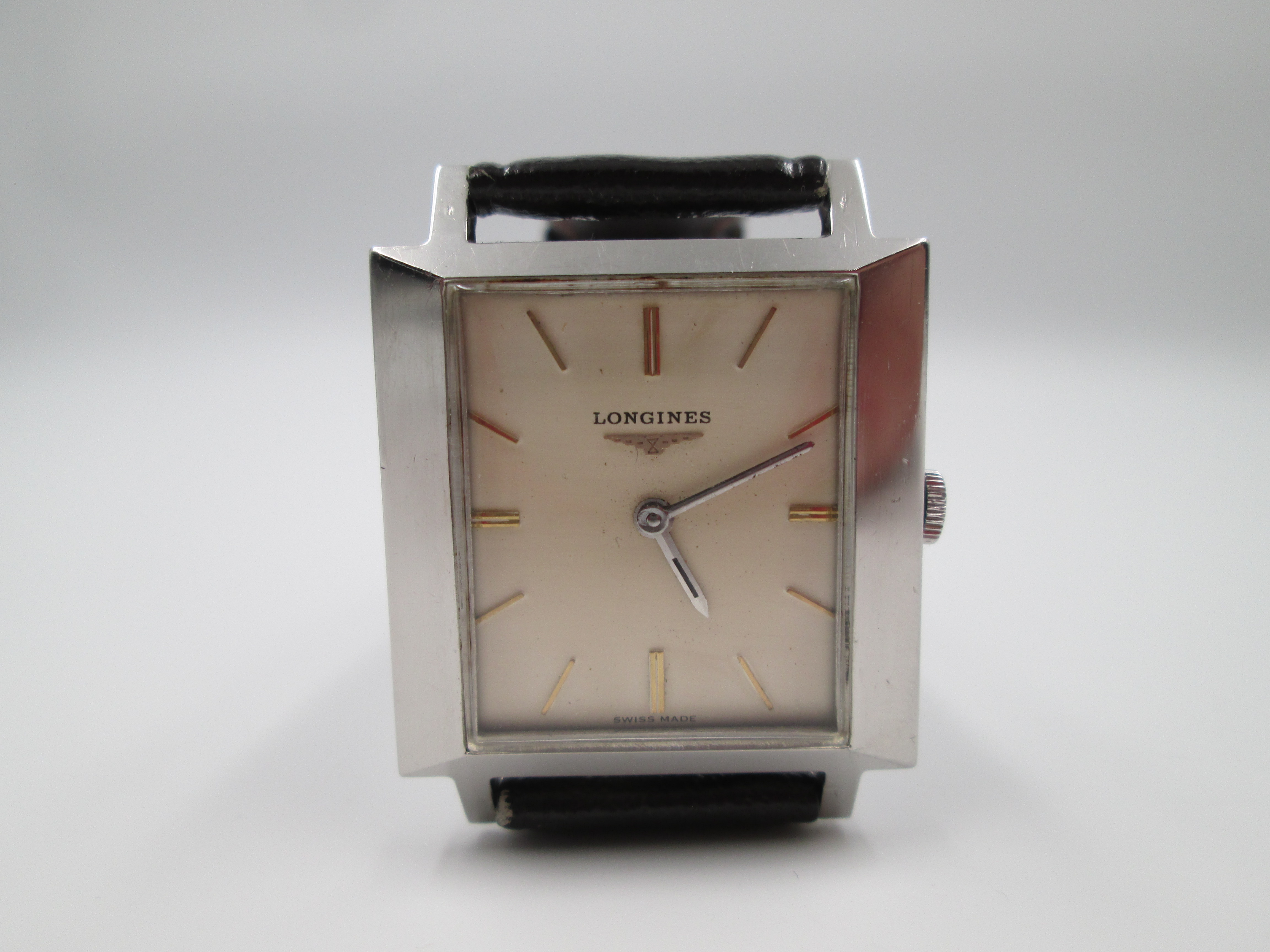 longines stainless steel 1970s manual wind rectangular case