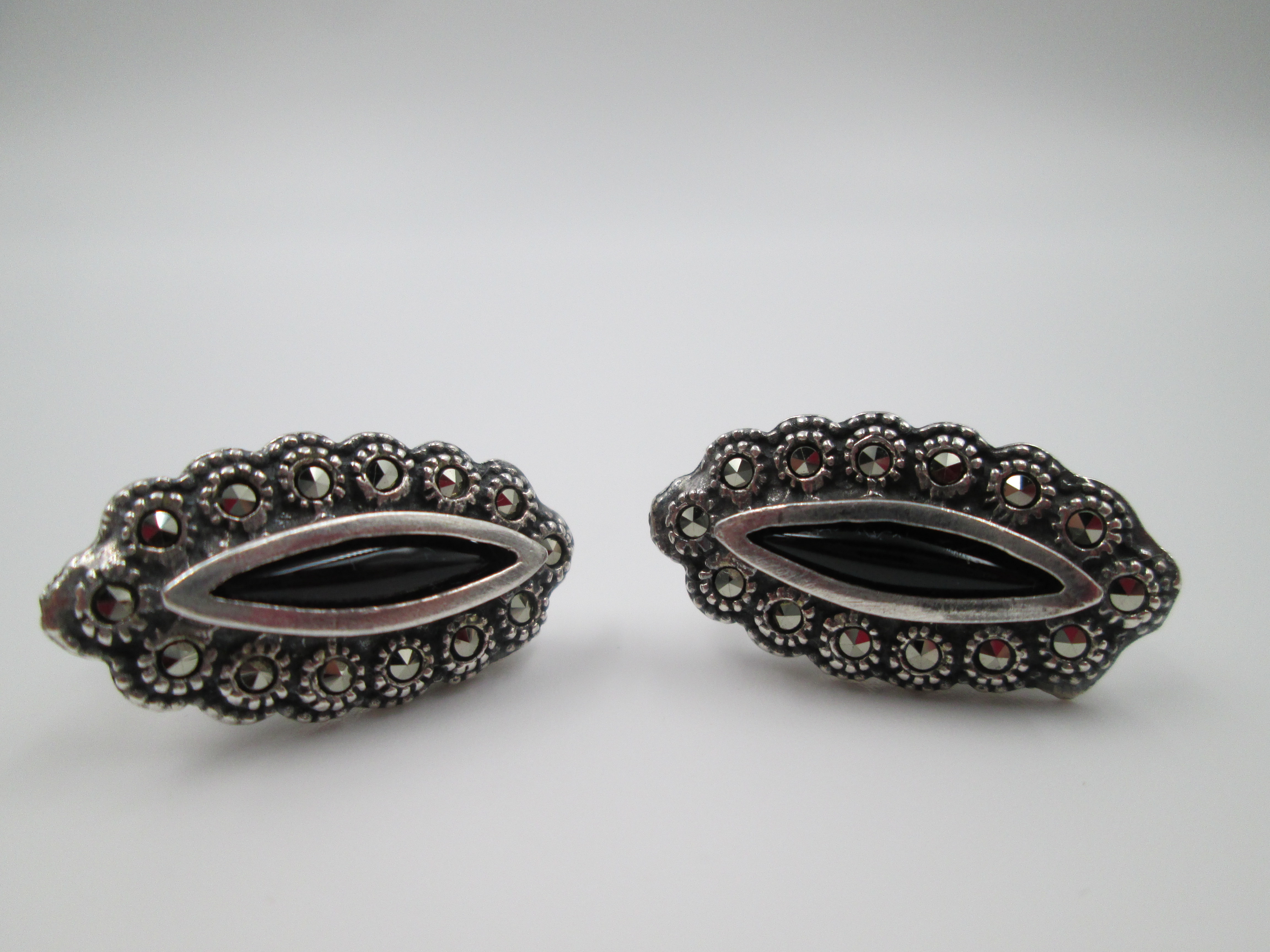 Sterling Silver Earrings Marcasites And Black Gems 1970s