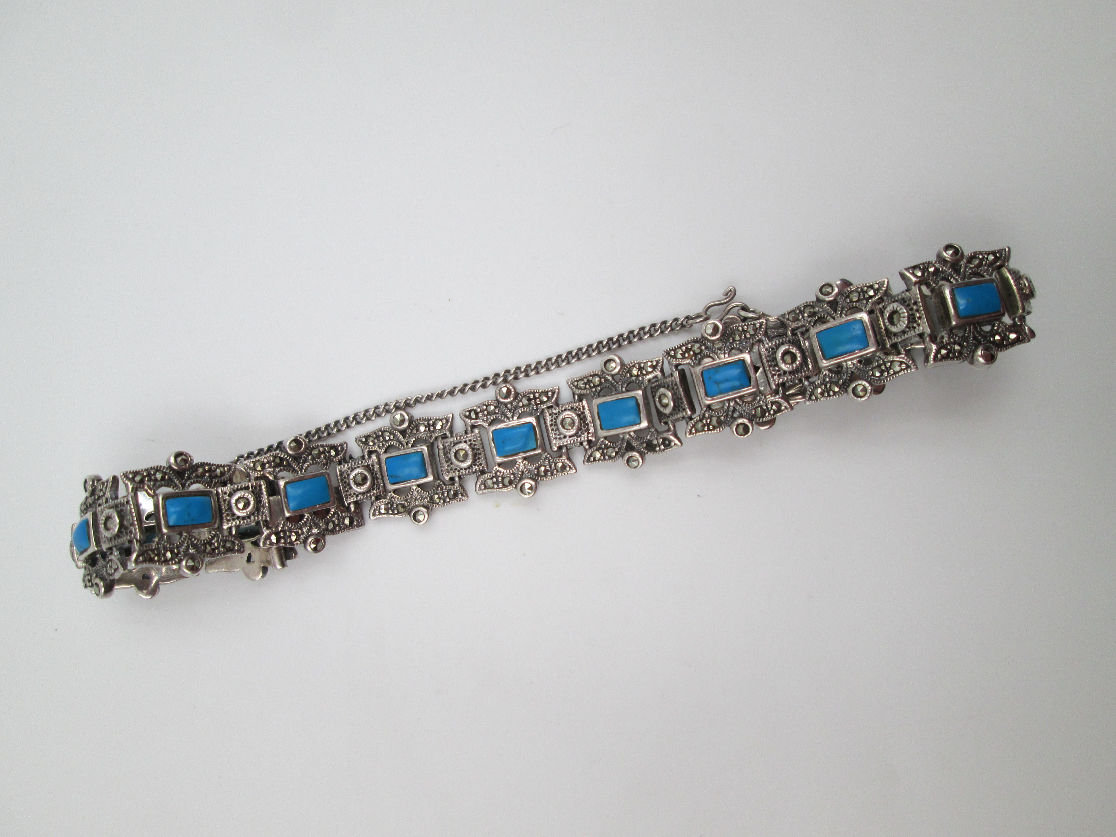 Sterling Silver Womens Bracelet Turquoise And Marcasite 1980 El