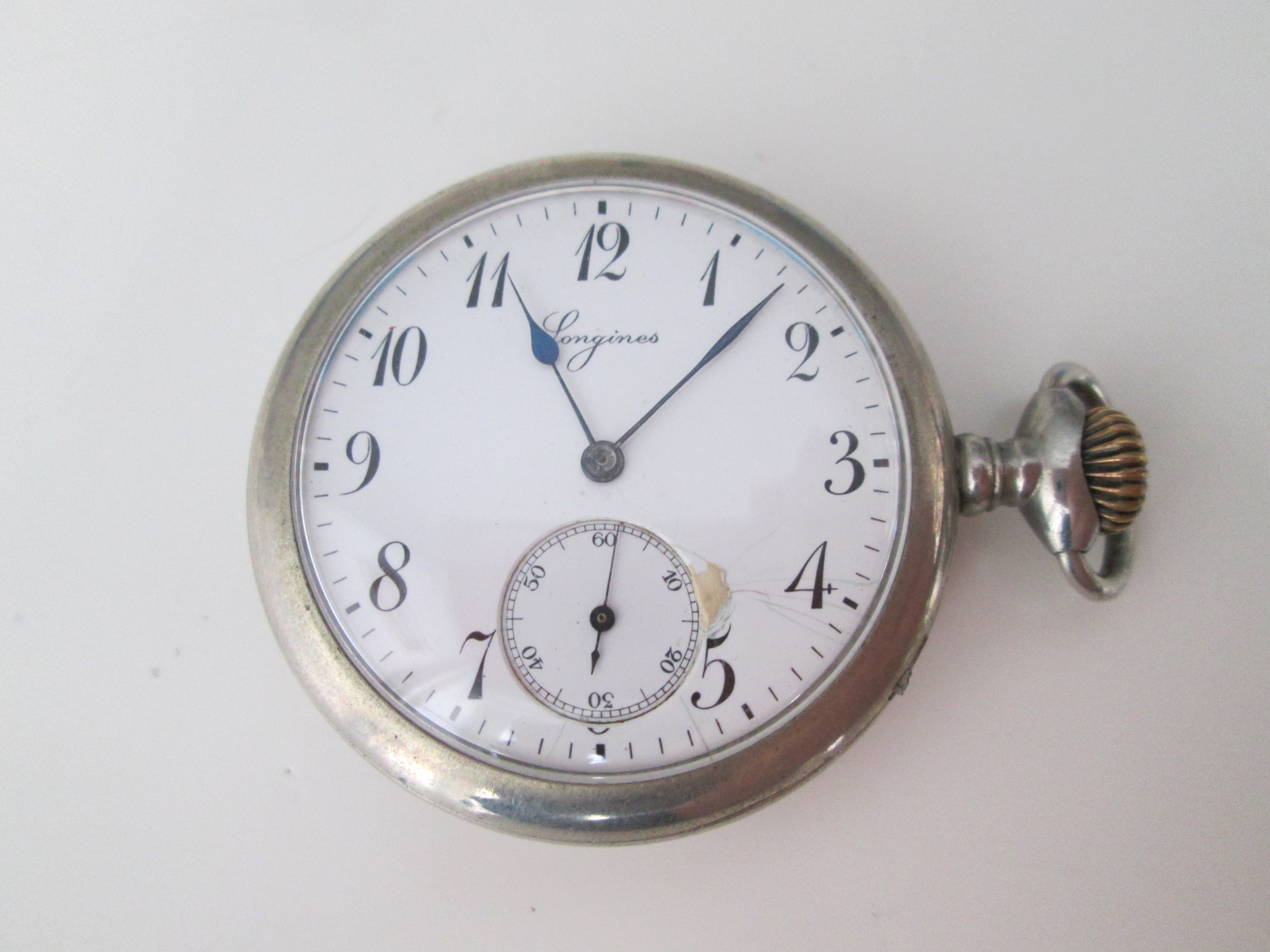 Longines Nickel Plated Swiss Stem Wind 1910 Open Face El