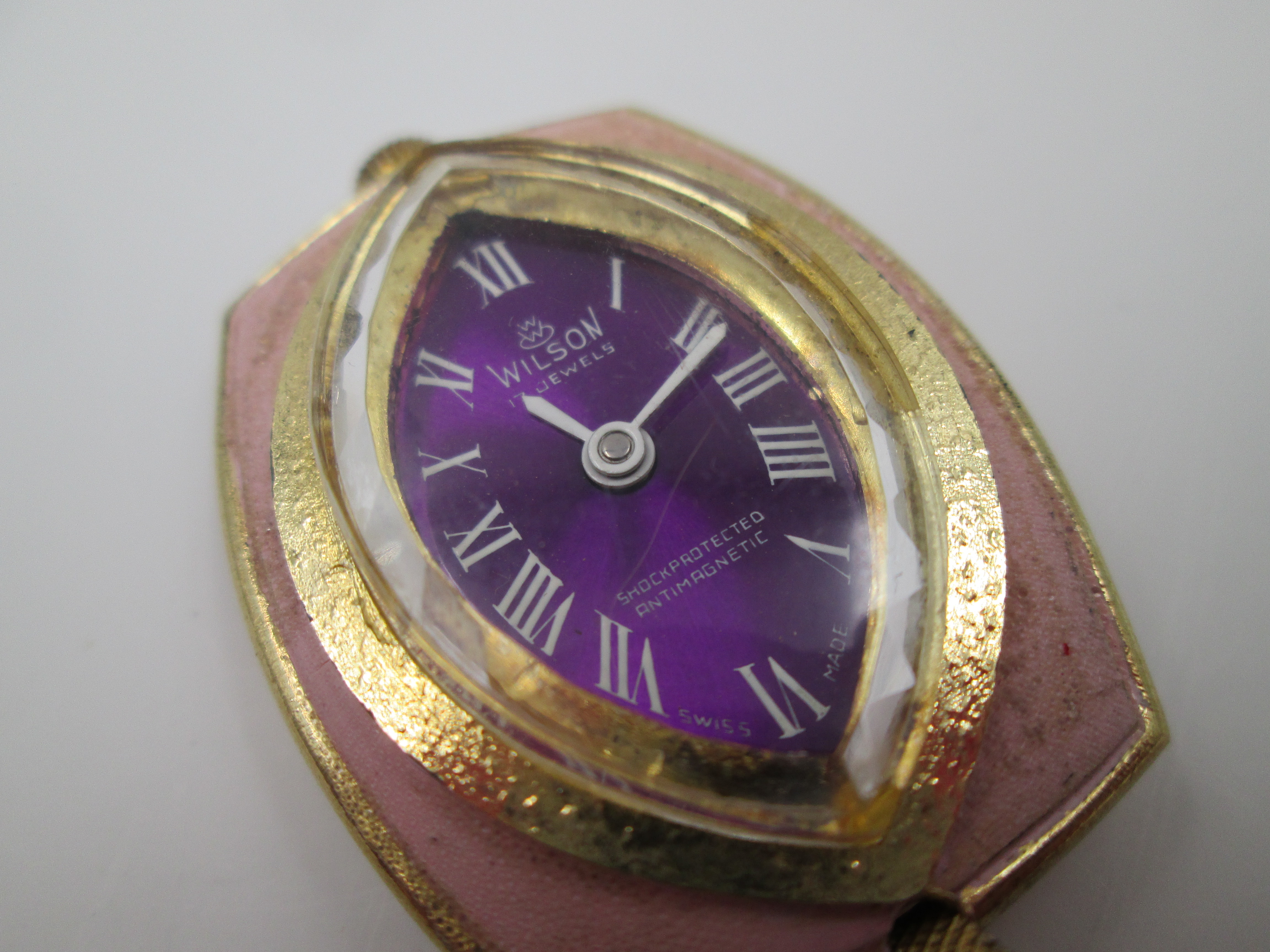 Wilson Pendant Watch Gold Plated And Enamel Purple Dial 1970 El