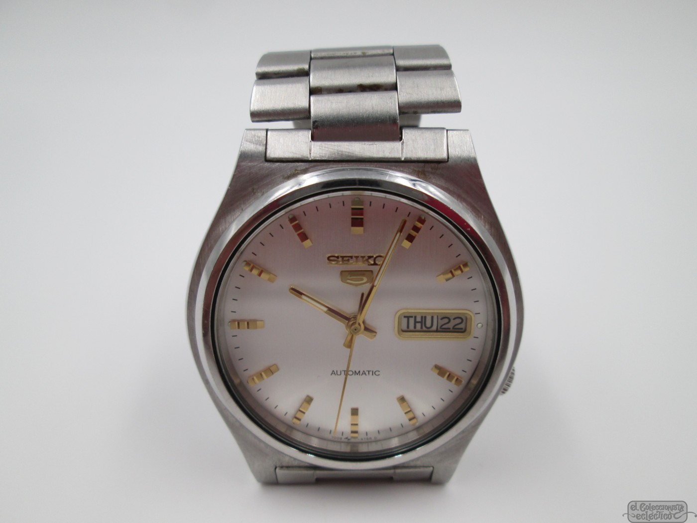 seiko 5 automatic calendar bracelet 1980s japan silver dial