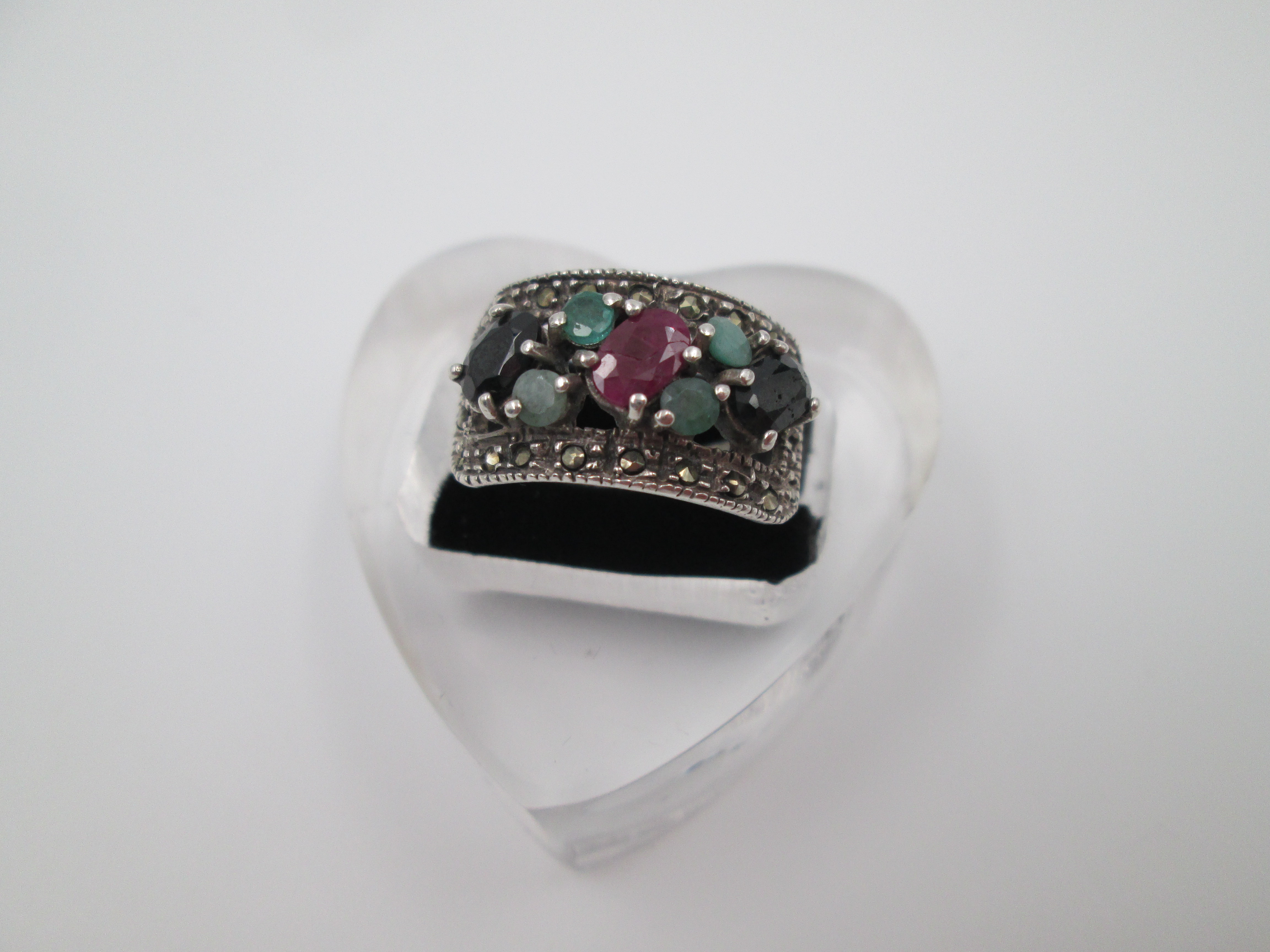 Ladies Tutti Frutti Ring Silver Marcasite Colour Gems El